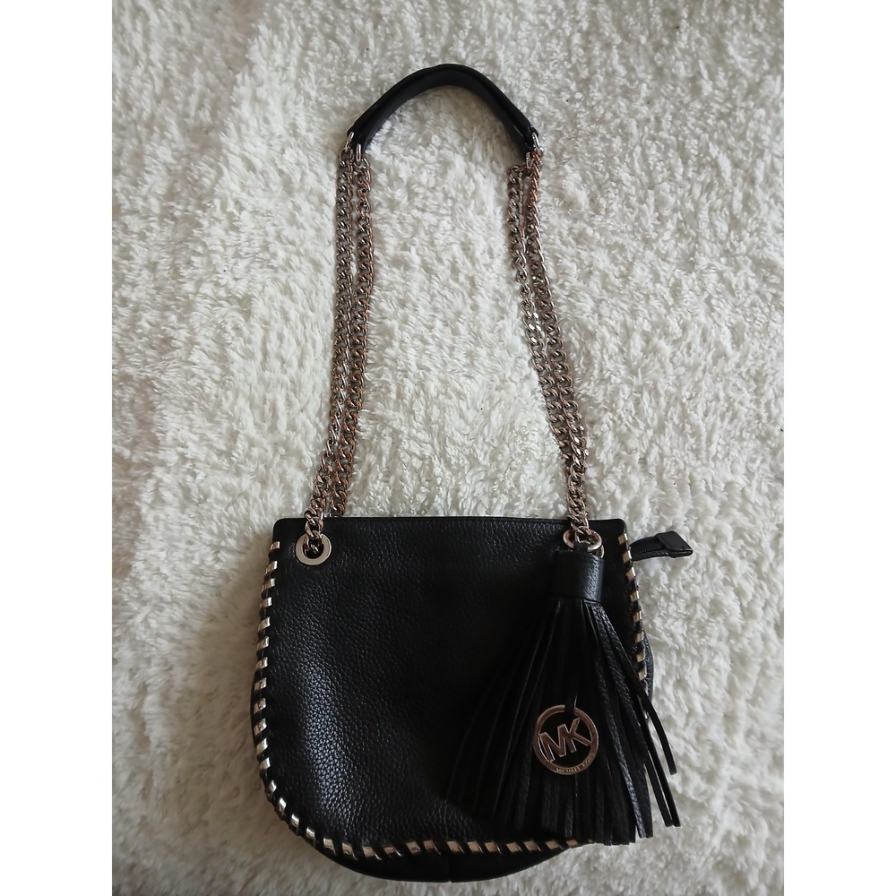 Michael Kors Small Black Whipped Chelsea Leather Messenger Bag Tassel Logo